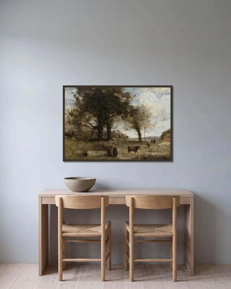 Korna vid fontänen av Jean-Baptiste-Camille Corot inramad på en vägg