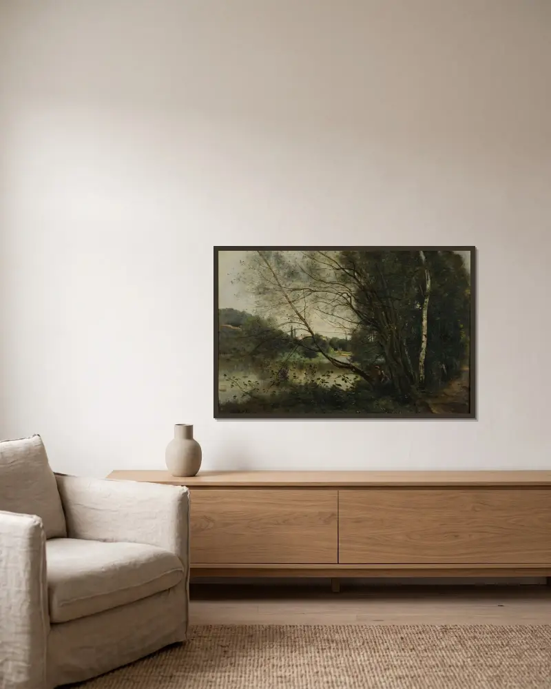 L’étang à l’arbre penché av Jean-Baptiste-Camille Corot inramad på en vägg