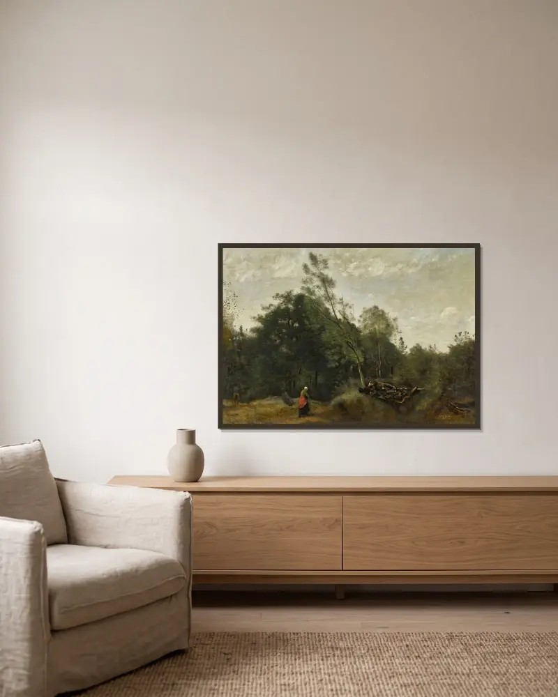Skogsbryn i Limousin av Jean-Baptiste-Camille Corot inramad på en vägg