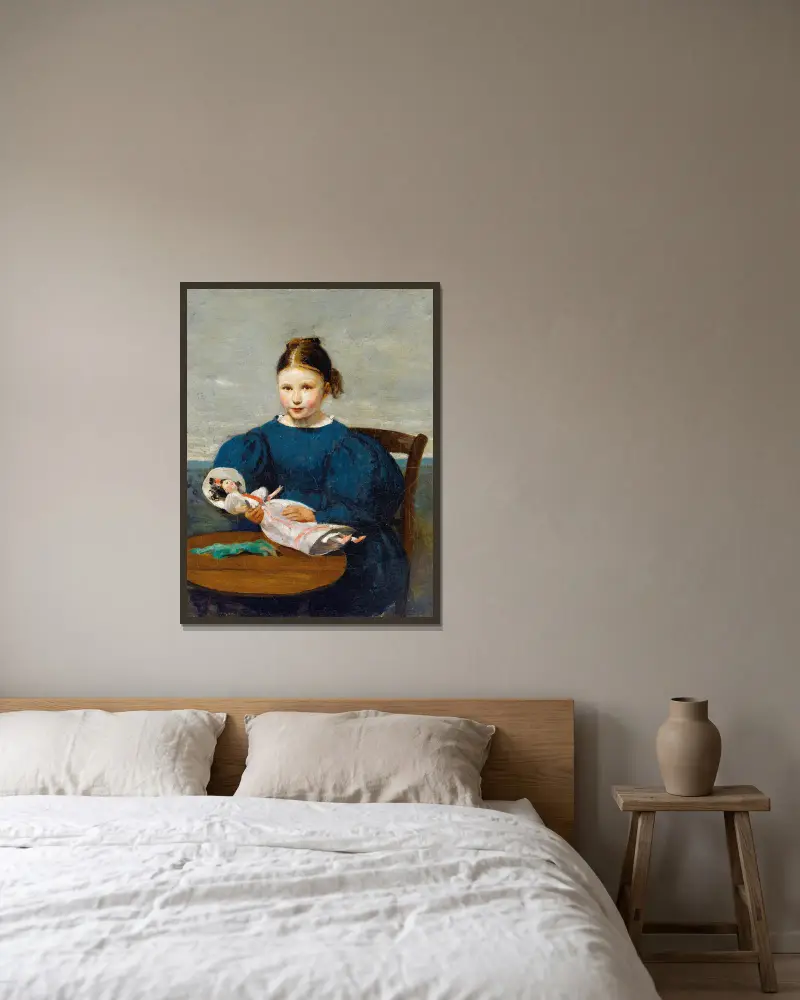 Liten flicka med docka av Jean-Baptiste-Camille Corot inramad på en vägg