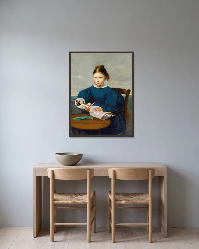 Liten flicka med docka av Jean-Baptiste-Camille Corot inramad på en vägg