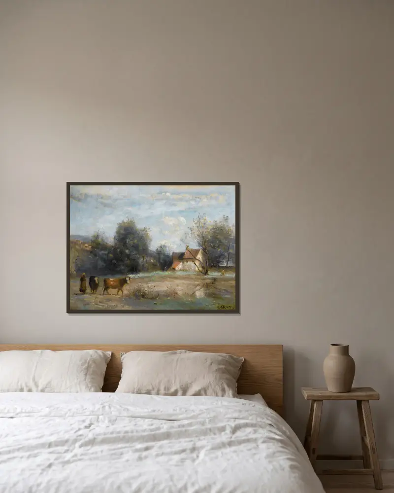 Luzancy, små bondehus vid vattnet av Jean-Baptiste-Camille Corot inramad på en vägg