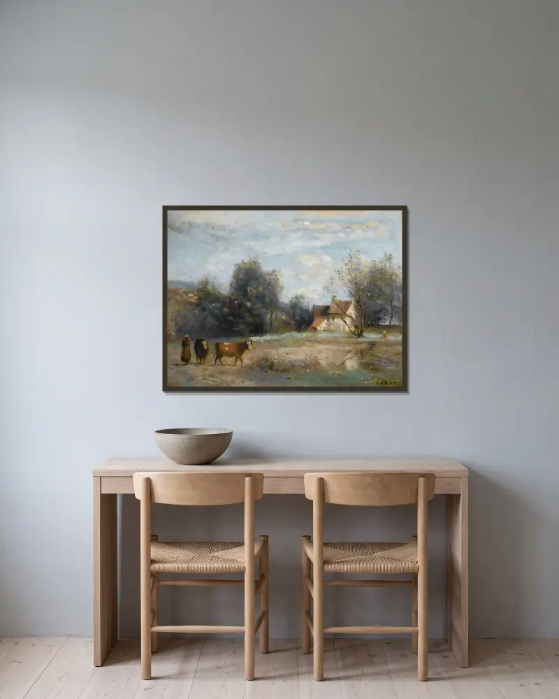 Luzancy, små bondehus vid vattnet av Jean-Baptiste-Camille Corot inramad på en vägg