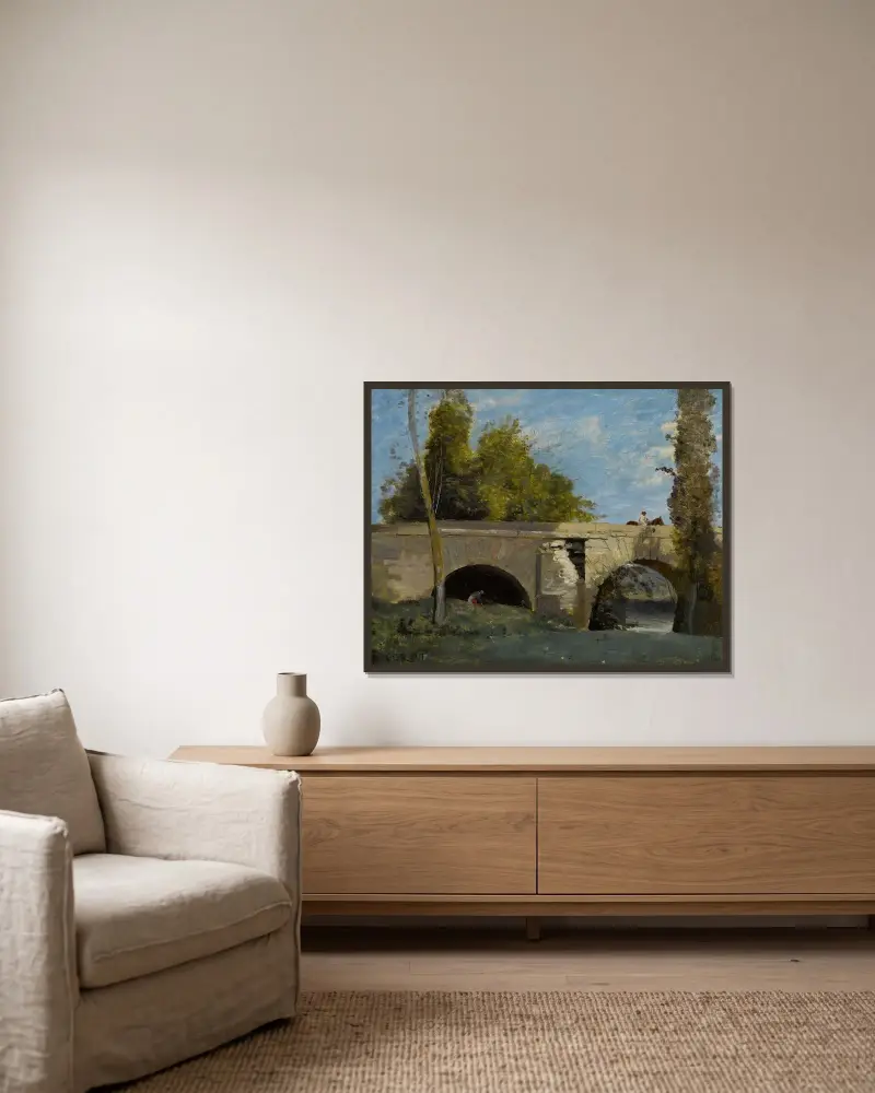 Mantes – zwei Brückenbögen mit Reiter von Jean-Baptiste-Camille Corot gerahmt an einer Wand