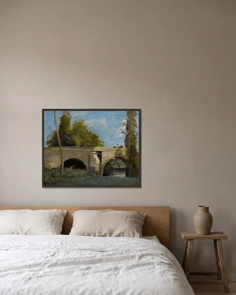 Mantes – zwei Brückenbögen mit Reiter von Jean-Baptiste-Camille Corot gerahmt an einer Wand