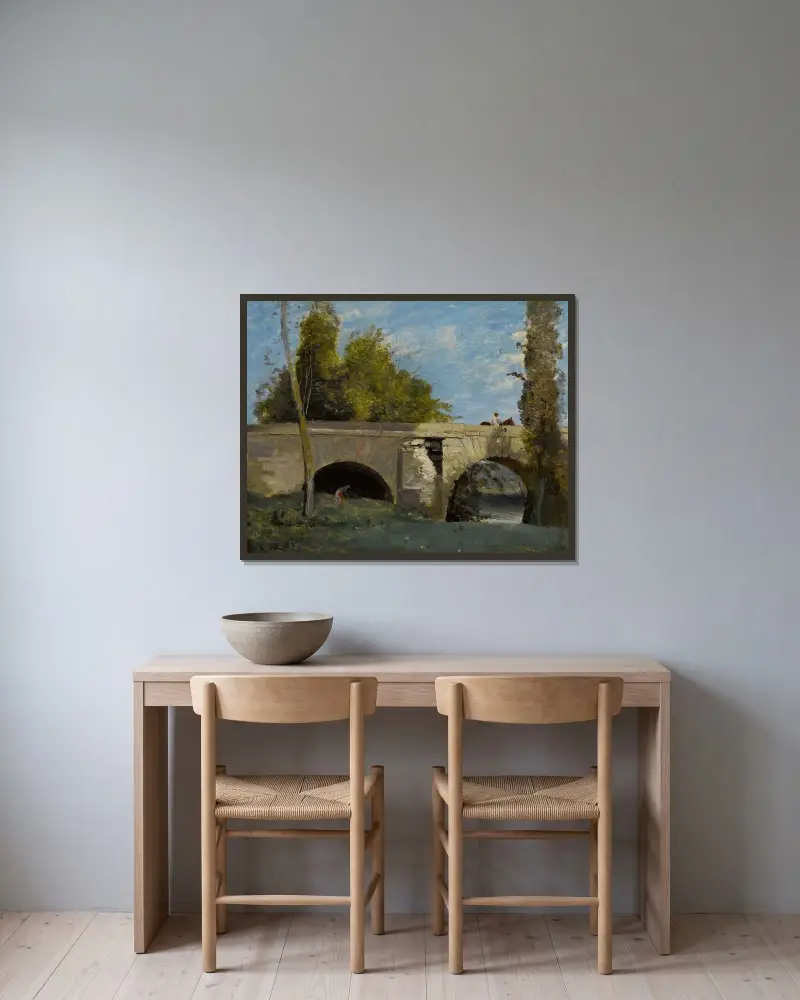 Mantes – zwei Brückenbögen mit Reiter von Jean-Baptiste-Camille Corot gerahmt an einer Wand
