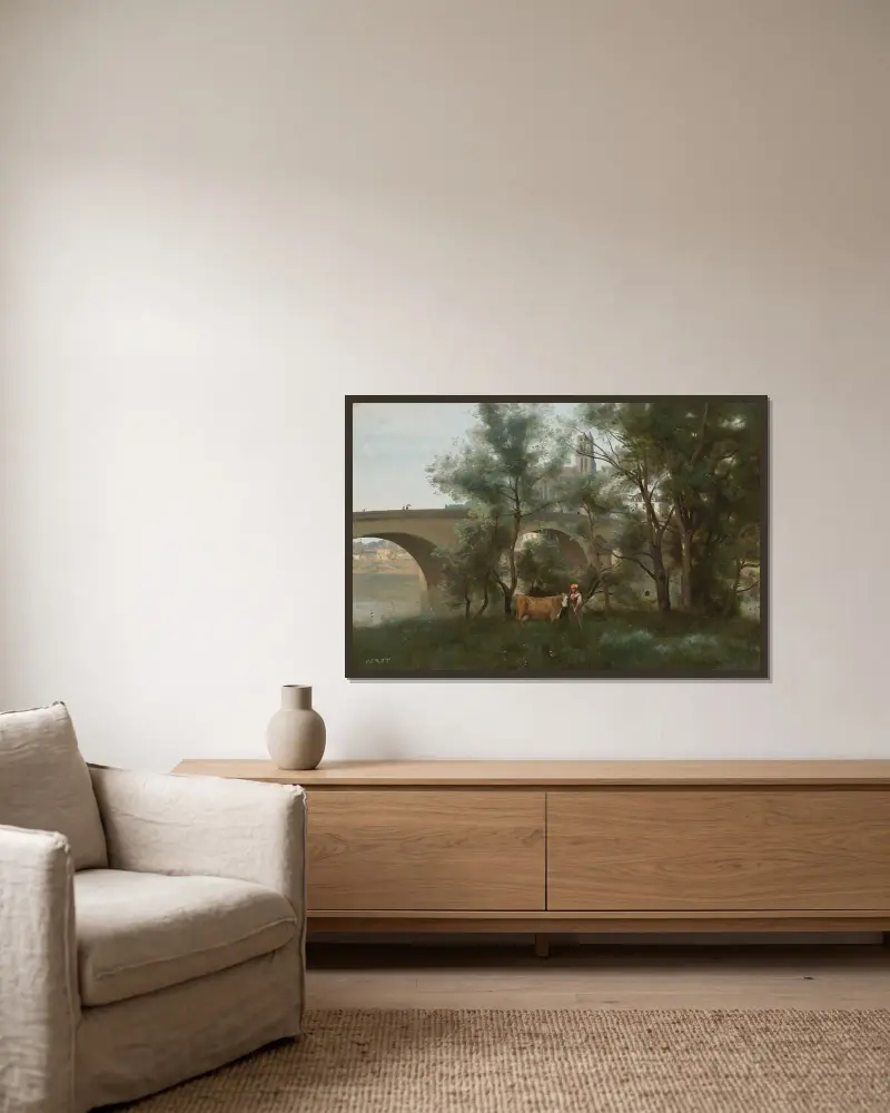 Mantes, brzegi Sekwany u stóp mostu, Jean-Baptiste-Camille Corot w ramie na ścianie