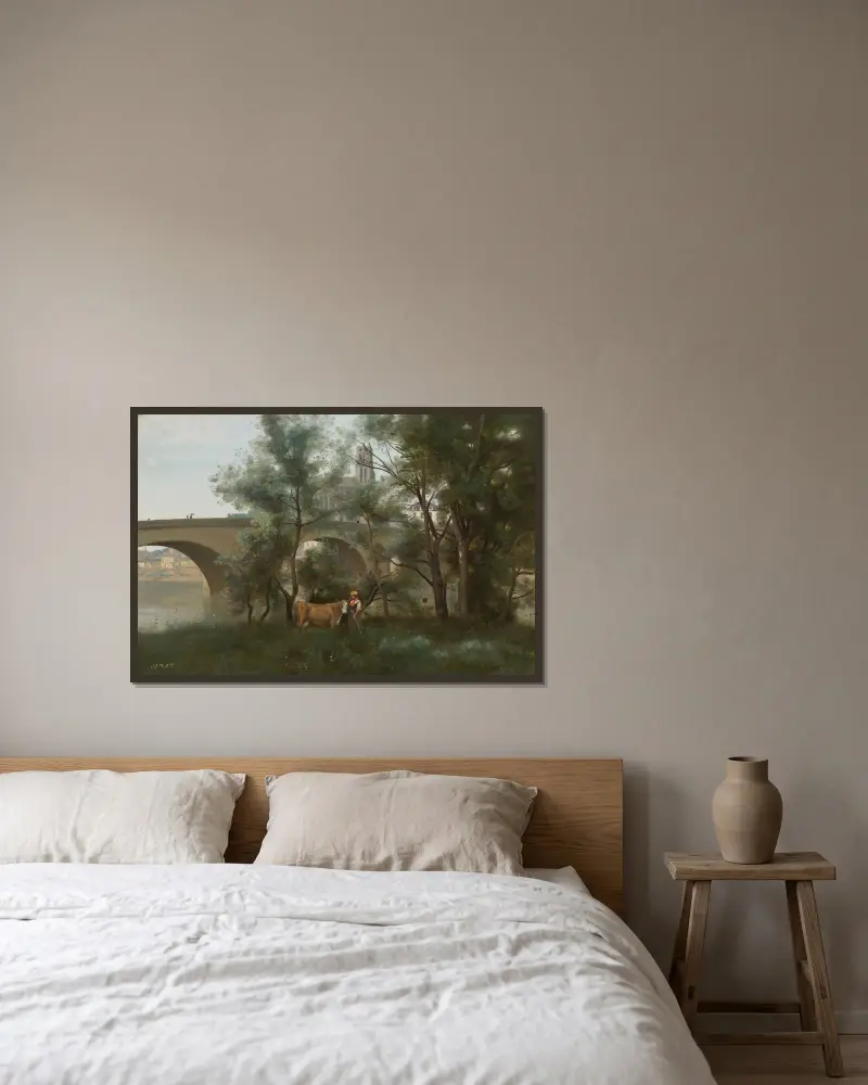 Mantes, brzegi Sekwany u stóp mostu, Jean-Baptiste-Camille Corot w ramie na ścianie