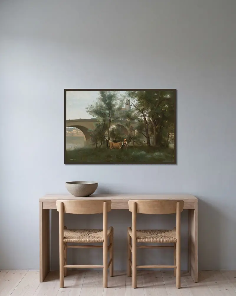 Mantes, brzegi Sekwany u stóp mostu, Jean-Baptiste-Camille Corot w ramie na ścianie