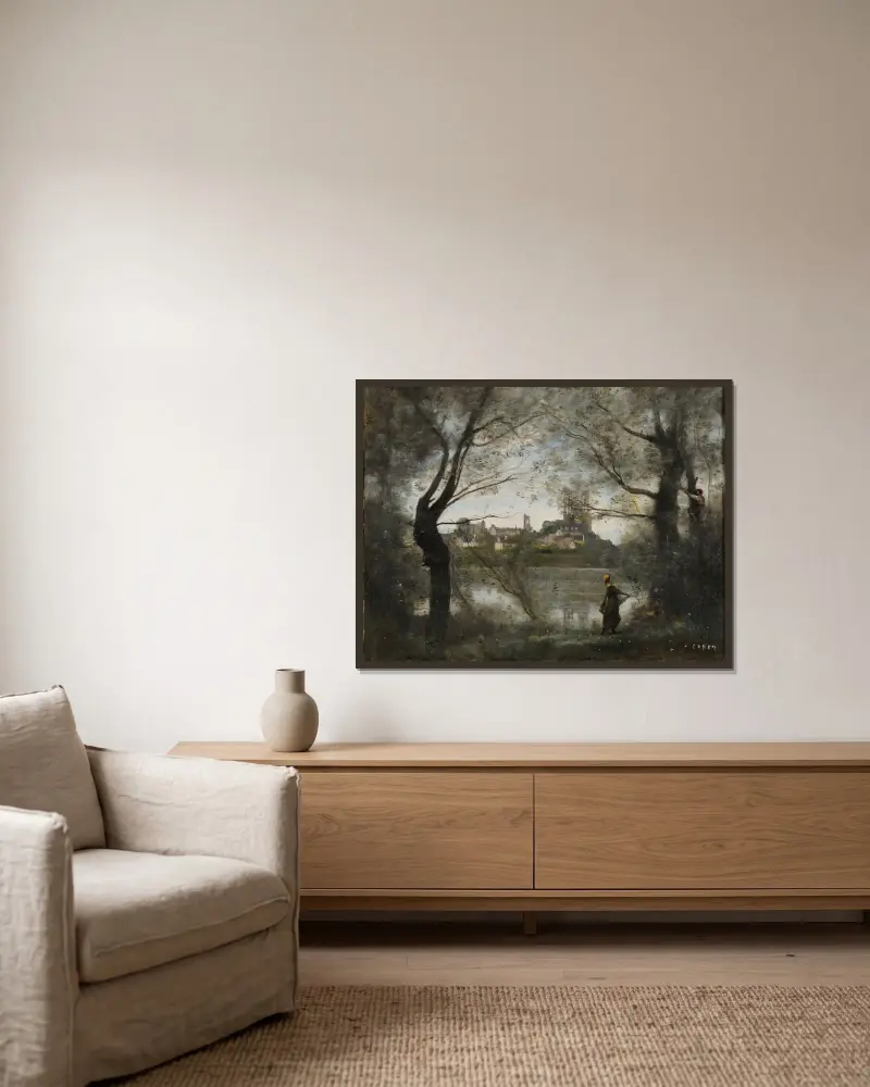 Mantes (le soir), 1865 – nr 1 av Jean-Baptiste-Camille Corot inramad på en vägg