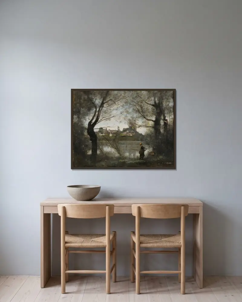 Mantes (le soir), 1865 – nr 1 av Jean-Baptiste-Camille Corot inramad på en vägg