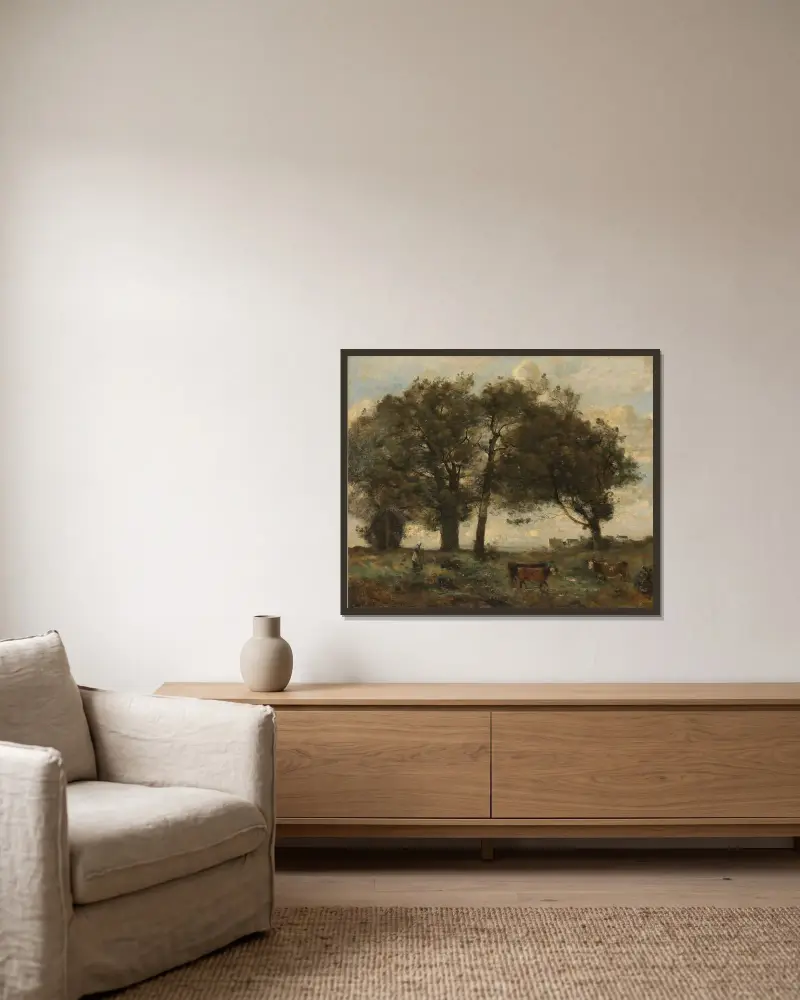 Bewaldeter Sumpf mit drei Kühen von Jean-Baptiste-Camille Corot gerahmt an einer Wand