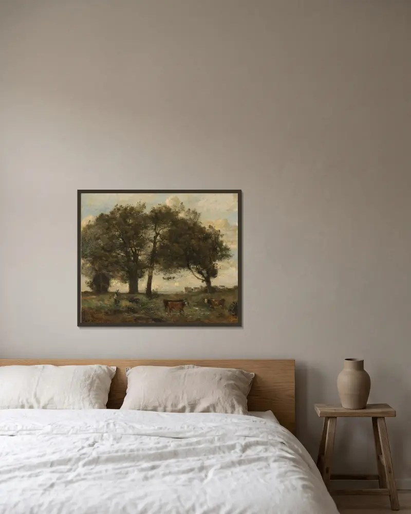 Bewaldeter Sumpf mit drei Kühen von Jean-Baptiste-Camille Corot gerahmt an einer Wand
