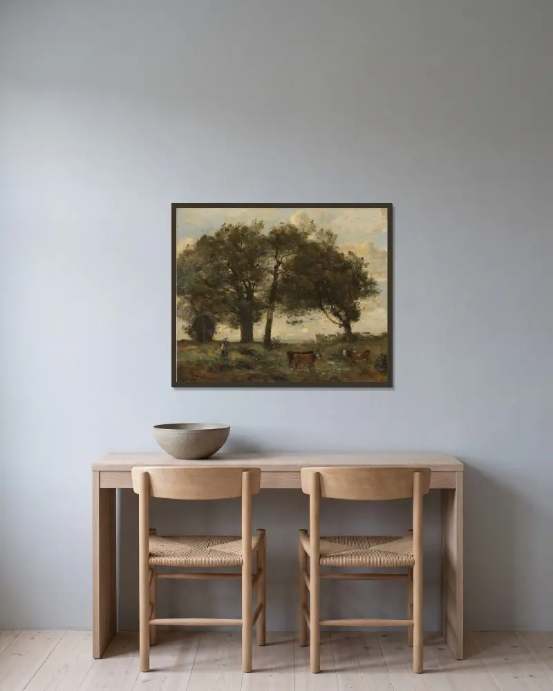 Bewaldeter Sumpf mit drei Kühen von Jean-Baptiste-Camille Corot gerahmt an einer Wand