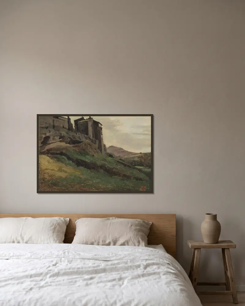Marino, stora fabriker på klipptopparna av Jean-Baptiste-Camille Corot inramad på en vägg