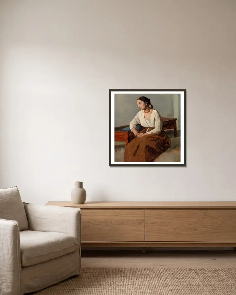 Melankolisk italiensk kvinna av Jean-Baptiste-Camille Corot inramad på en vägg