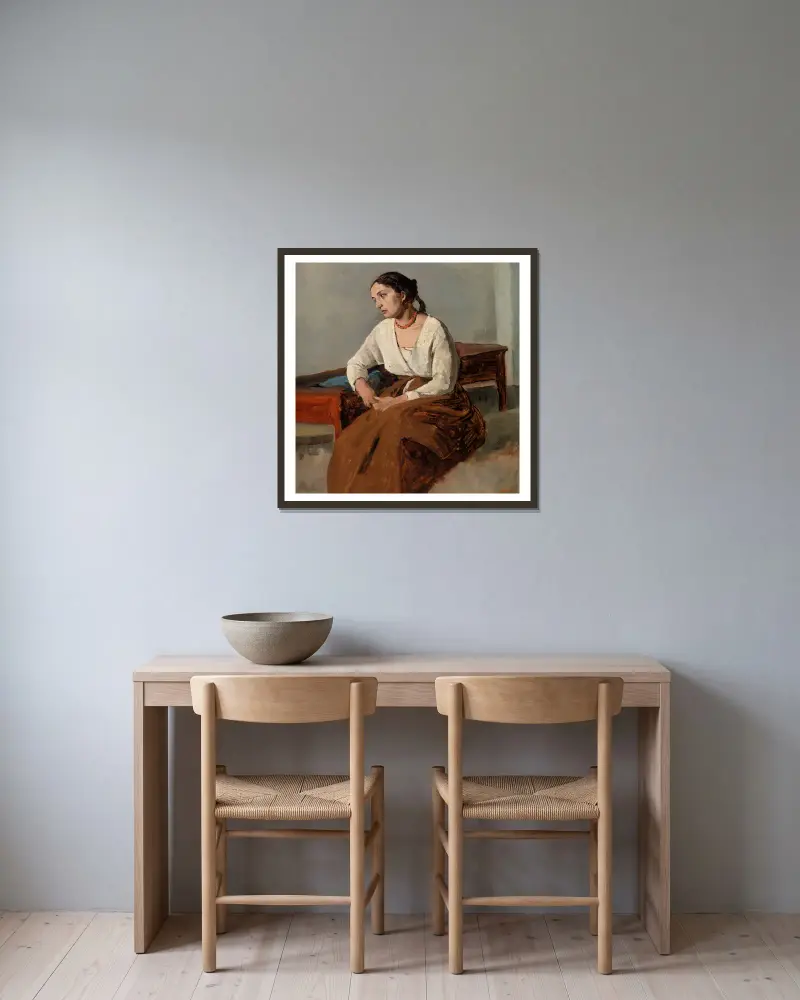 Melankolisk italiensk kvinna av Jean-Baptiste-Camille Corot inramad på en vägg