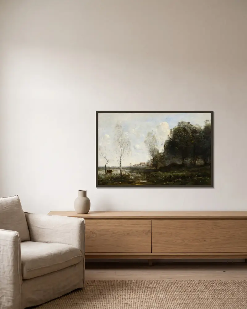Minne från Saint-Ouen, ko vid dammen av Jean-Baptiste-Camille Corot inramad på en vägg