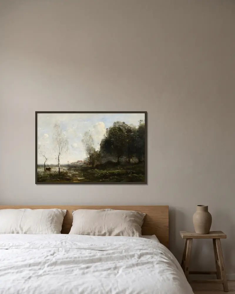 Minne från Saint-Ouen, ko vid dammen av Jean-Baptiste-Camille Corot inramad på en vägg