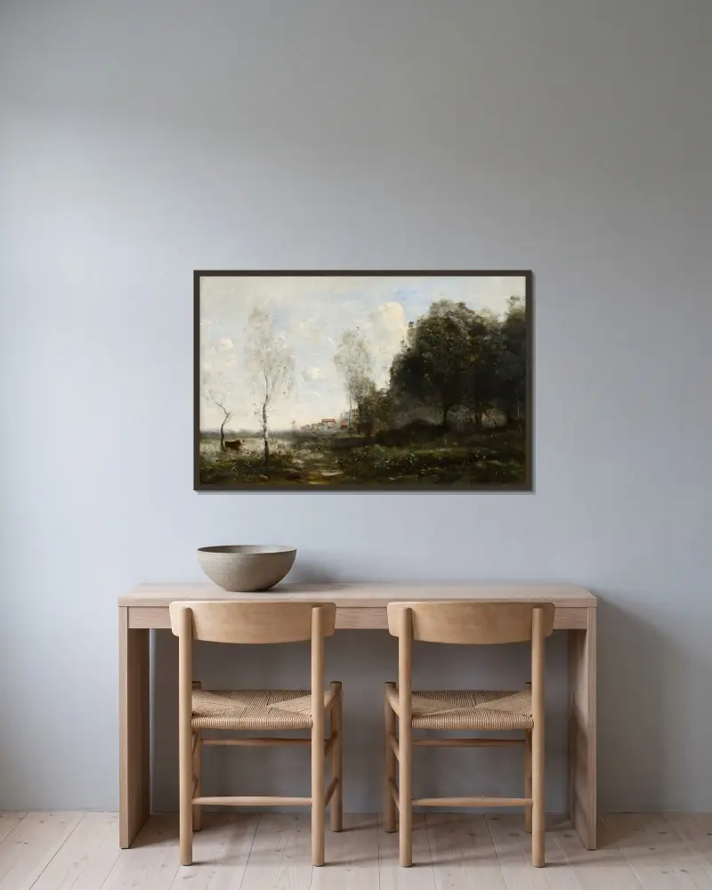 Minne från Saint-Ouen, ko vid dammen av Jean-Baptiste-Camille Corot inramad på en vägg