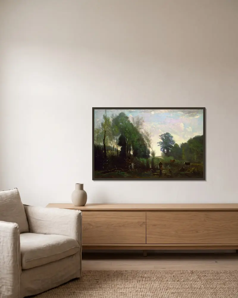 Dunstiger Morgen von Jean-Baptiste-Camille Corot gerahmt an einer Wand
