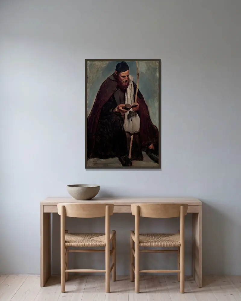 Moine italien assis, lisant (Seated Italian Monk Reading) av Jean-Baptiste-Camille Corot inramad på en vägg