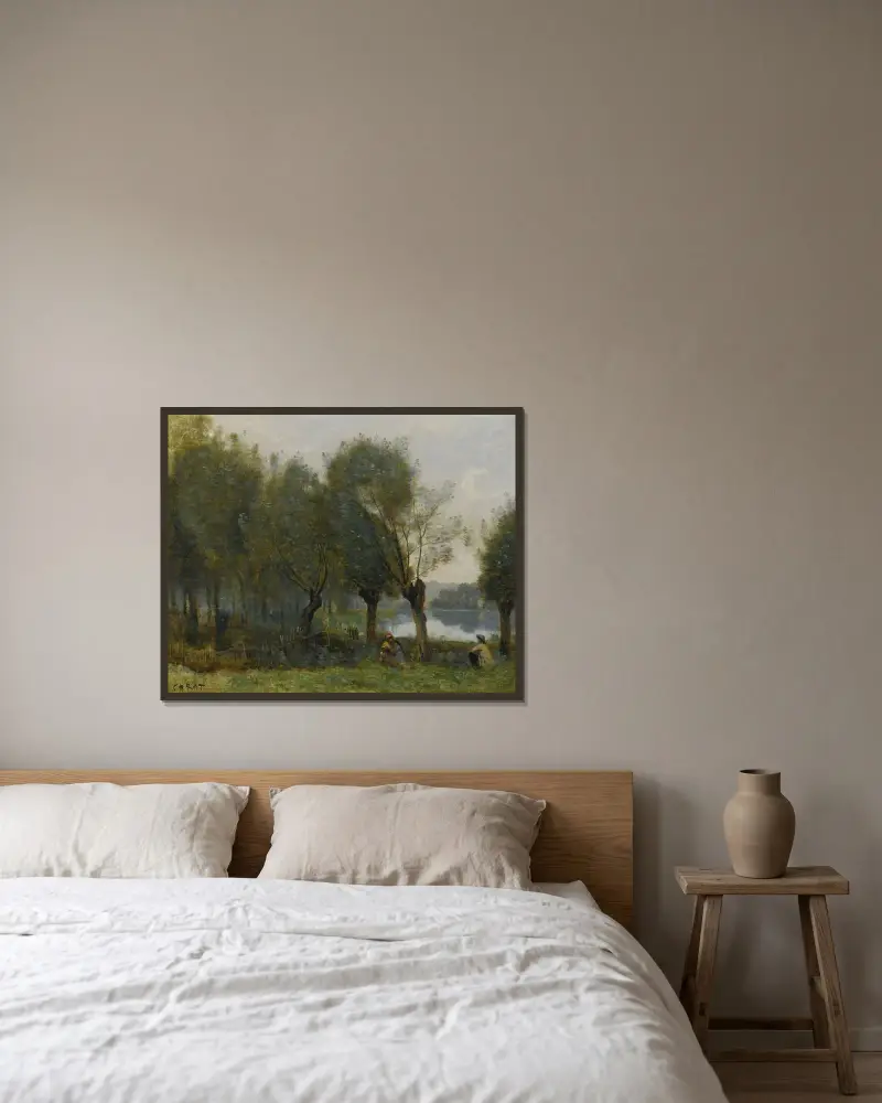Montgeron – videplantering vid vattenbrynet av Jean-Baptiste-Camille Corot inramad på en vägg