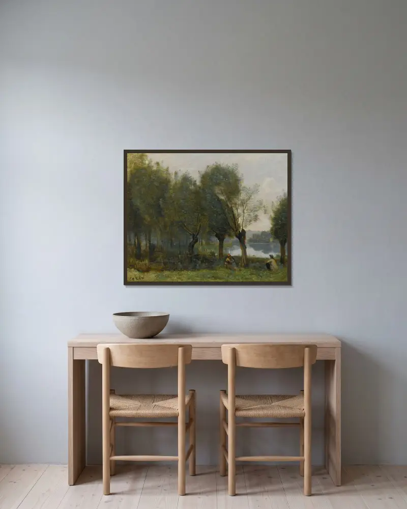 Montgeron – videplantering vid vattenbrynet av Jean-Baptiste-Camille Corot inramad på en vägg