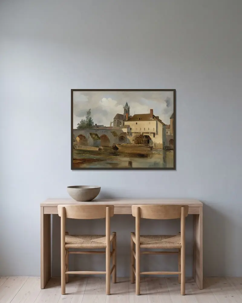 Moret-sur-Loing, most i kościół, Jean-Baptiste-Camille Corot w ramie na ścianie