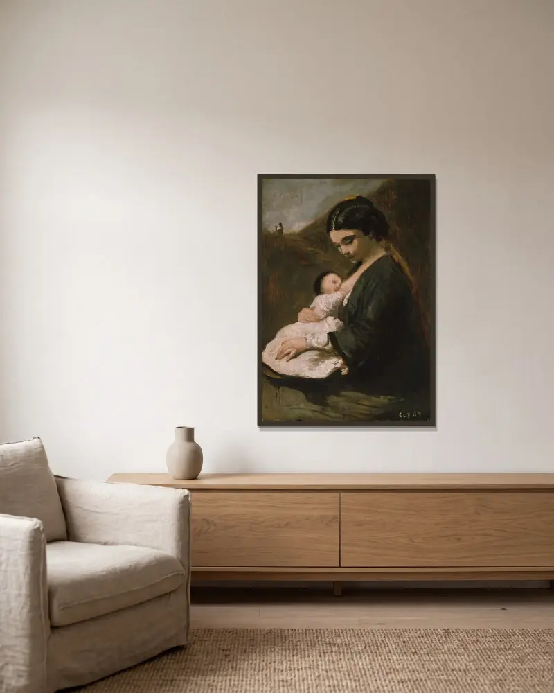 Mutter und Kind von Jean-Baptiste-Camille Corot gerahmt an einer Wand