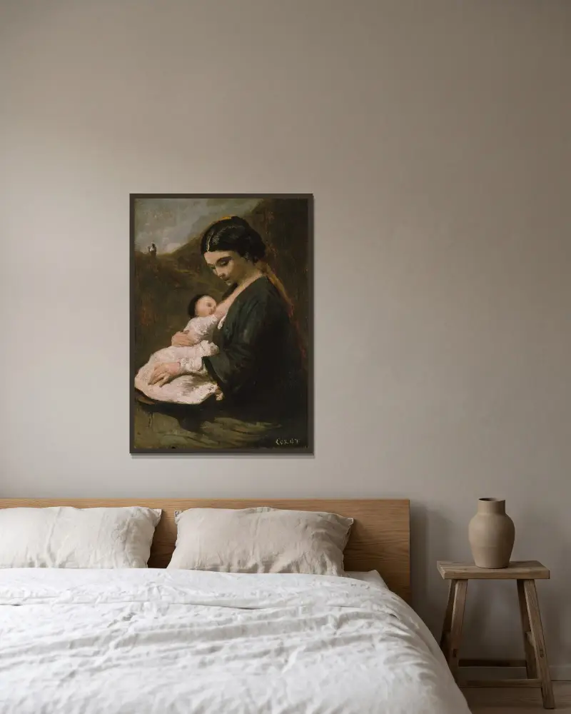 Mutter und Kind von Jean-Baptiste-Camille Corot gerahmt an einer Wand