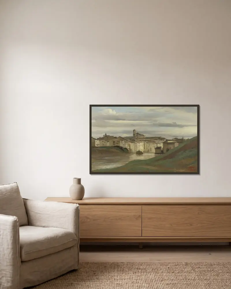 Am Ufer des Tibers, Rom von Jean-Baptiste-Camille Corot gerahmt an einer Wand