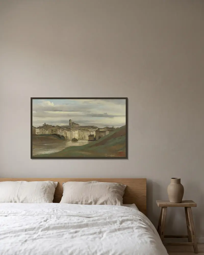 Am Ufer des Tibers, Rom von Jean-Baptiste-Camille Corot gerahmt an einer Wand