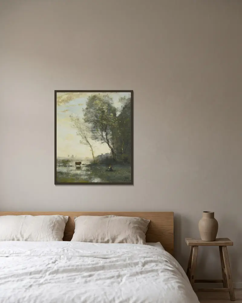 Bondflicka vaktar en ko vid vattnet av Jean-Baptiste-Camille Corot inramad på en vägg