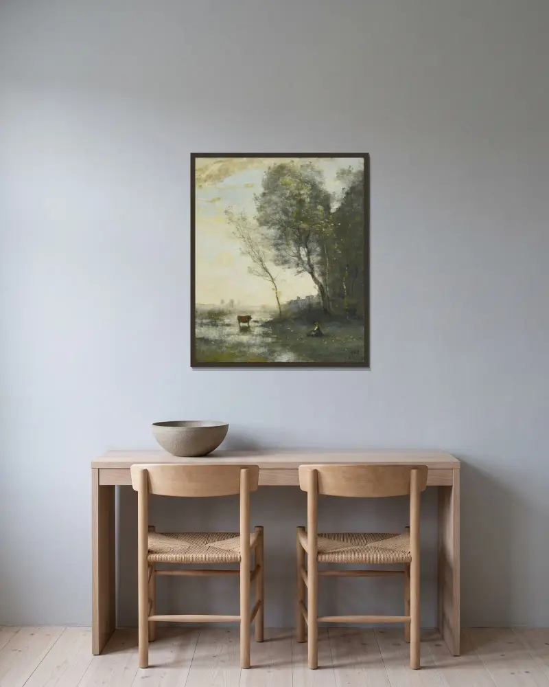 Bondflicka vaktar en ko vid vattnet av Jean-Baptiste-Camille Corot inramad på en vägg
