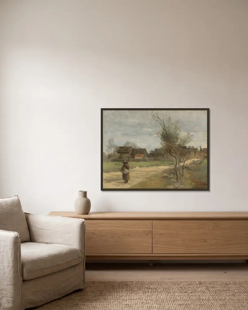 Bäuerin auf einem Weg mit Blick auf ein Dorf von Jean-Baptiste-Camille Corot gerahmt an einer Wand