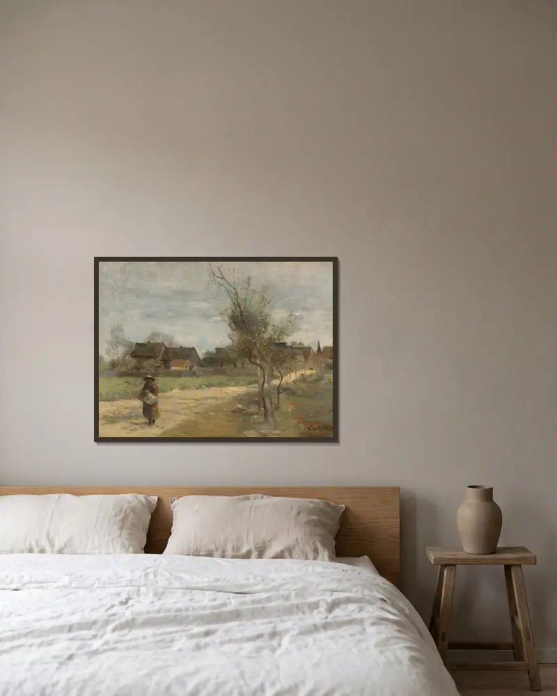 Bäuerin auf einem Weg mit Blick auf ein Dorf von Jean-Baptiste-Camille Corot gerahmt an einer Wand