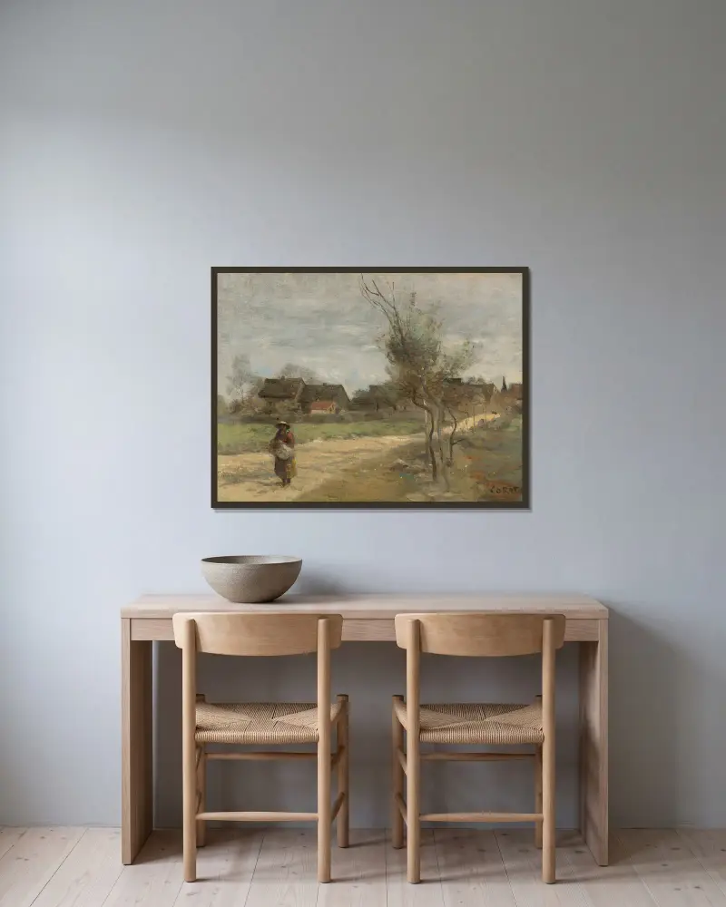 Bäuerin auf einem Weg mit Blick auf ein Dorf von Jean-Baptiste-Camille Corot gerahmt an einer Wand