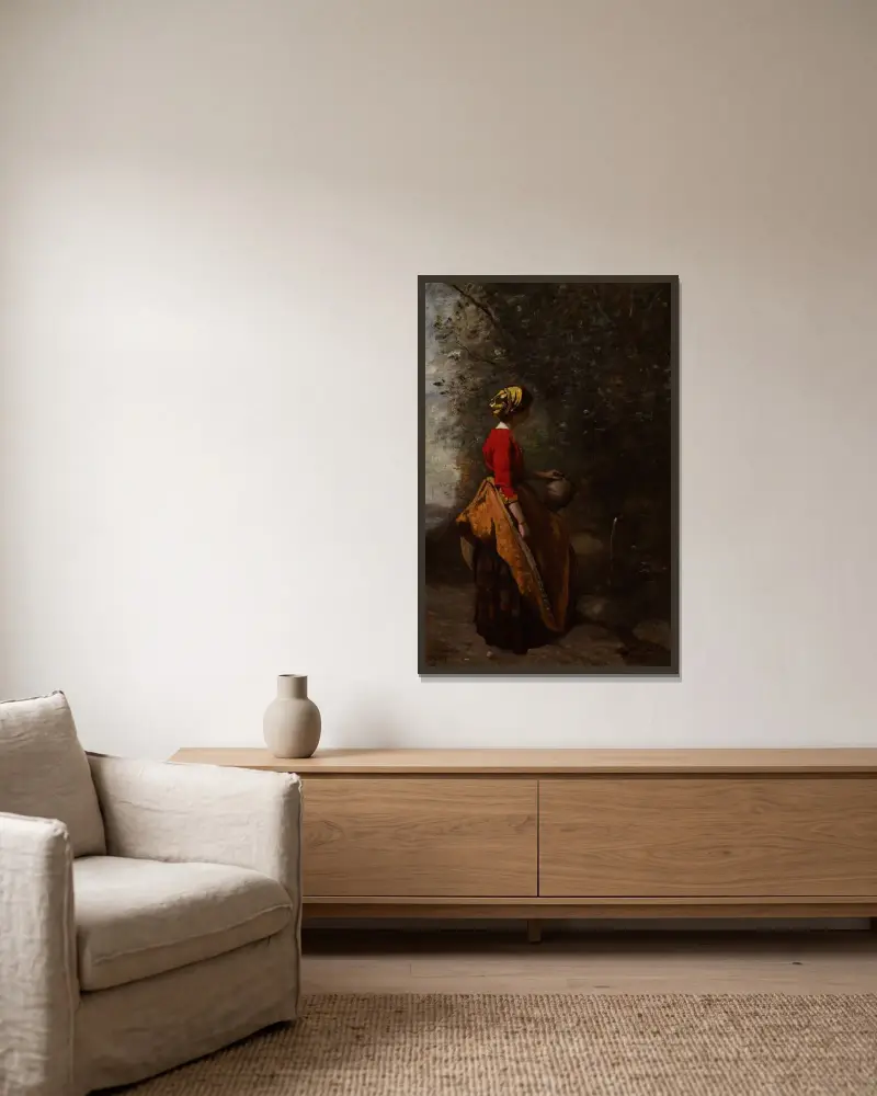 Bondflicka vid källan av Jean-Baptiste-Camille Corot inramad på en vägg
