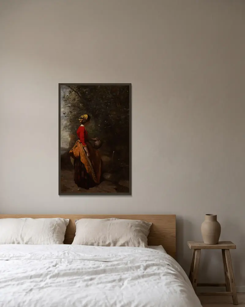Bondflicka vid källan av Jean-Baptiste-Camille Corot inramad på en vägg