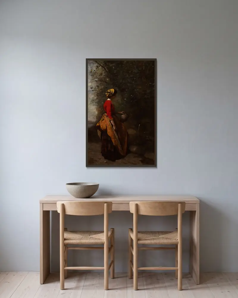 Bondflicka vid källan av Jean-Baptiste-Camille Corot inramad på en vägg