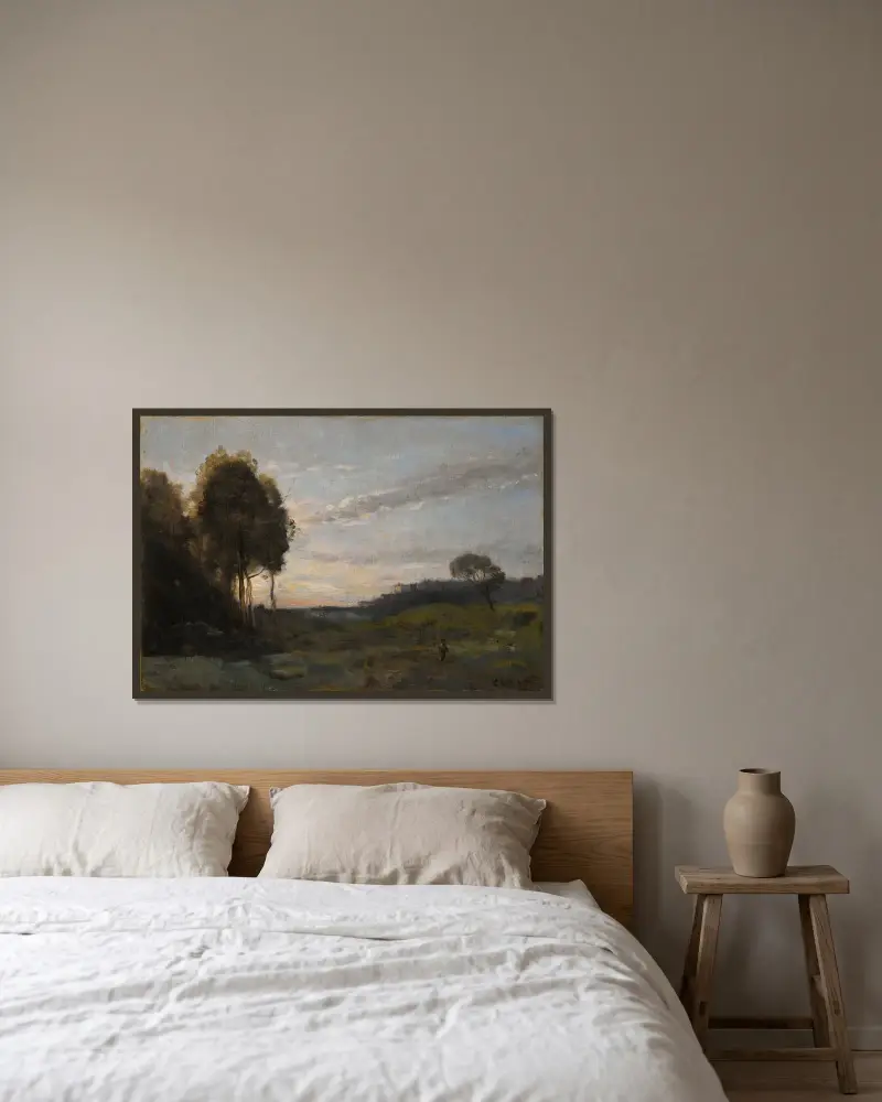 Figur i landskap av Jean-Baptiste-Camille Corot inramad på en vägg