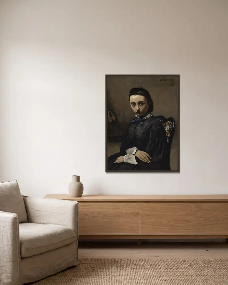 Porträtt av ung kvinna av Jean-Baptiste-Camille Corot inramad på en vägg