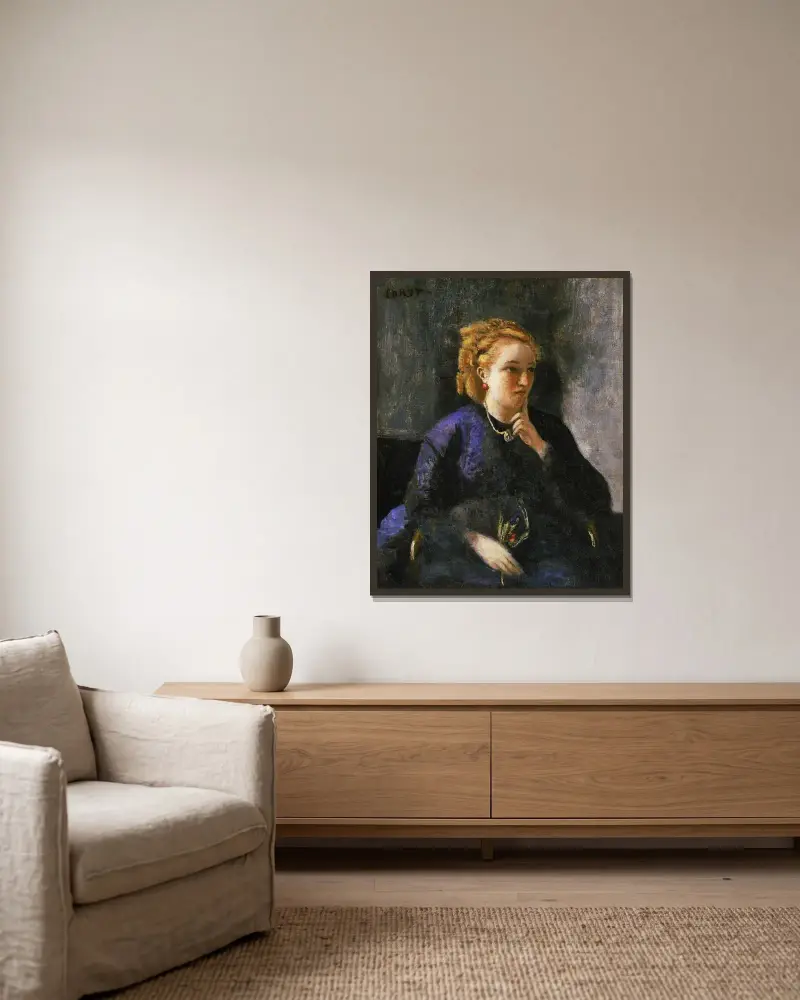 Porträtt av en kvinna av Jean-Baptiste-Camille Corot inramad på en vägg