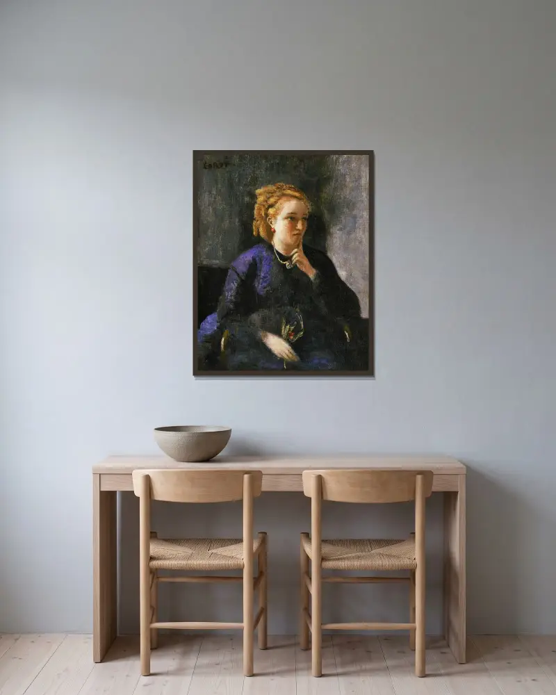 Porträtt av en kvinna av Jean-Baptiste-Camille Corot inramad på en vägg