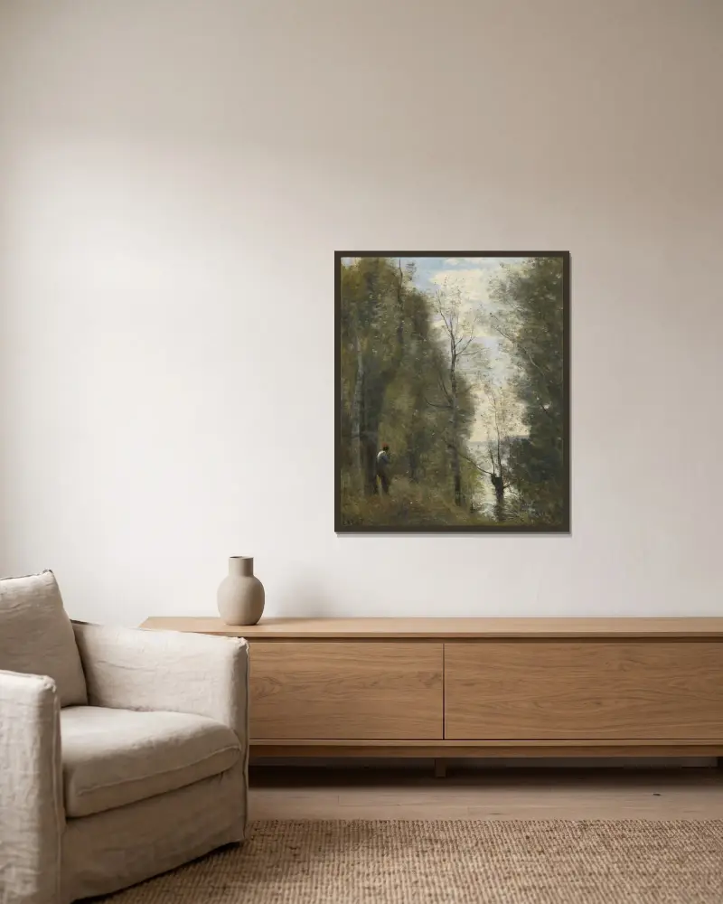 Überschwemmte Wiesen durch das Laub gesehen von Jean-Baptiste-Camille Corot gerahmt an einer Wand