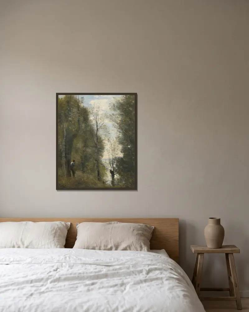 Überschwemmte Wiesen durch das Laub gesehen von Jean-Baptiste-Camille Corot gerahmt an einer Wand