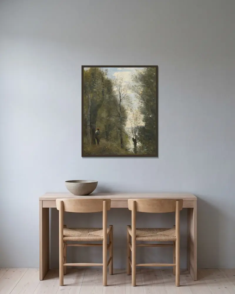 Überschwemmte Wiesen durch das Laub gesehen von Jean-Baptiste-Camille Corot gerahmt an einer Wand