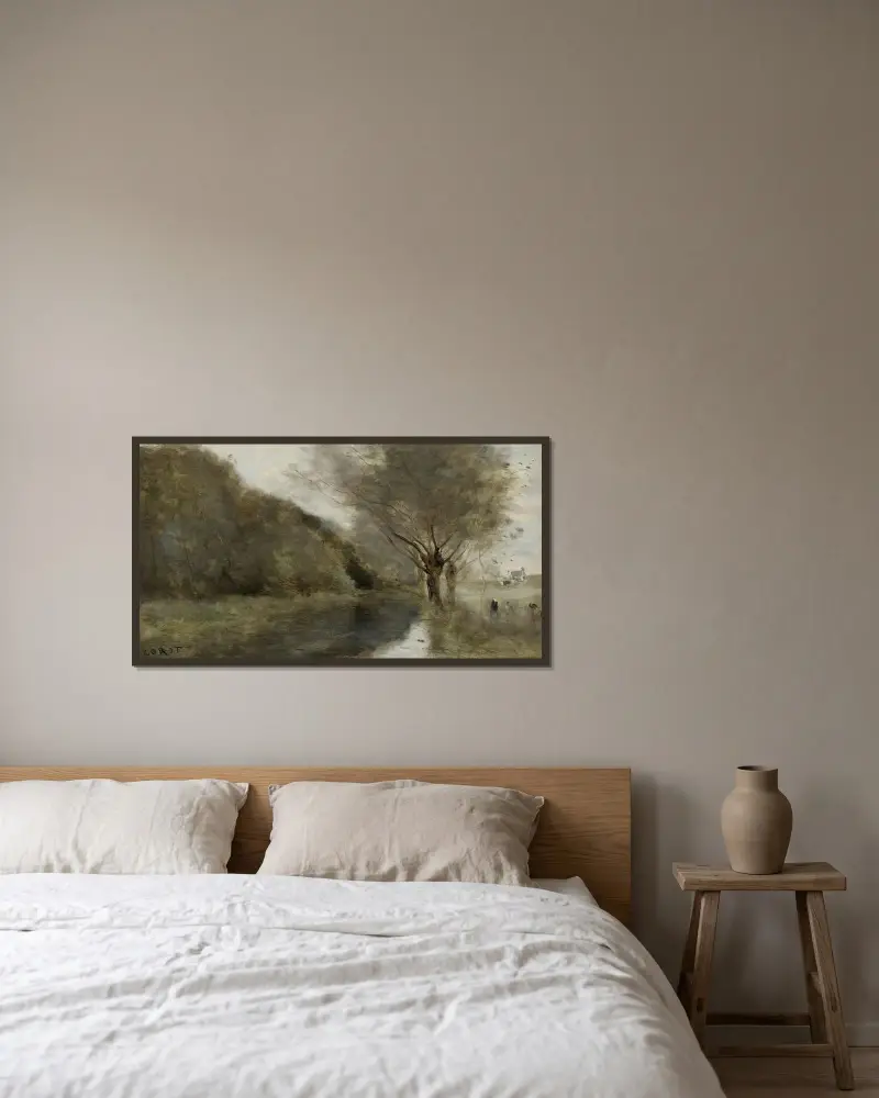 Nära Gisors; videplantering och flod, morgoneffekt av Jean-Baptiste-Camille Corot inramad på en vägg