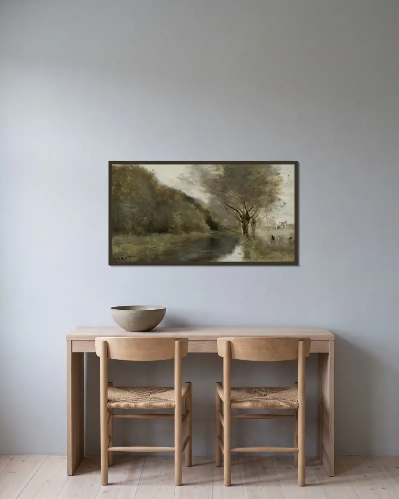 Nära Gisors; videplantering och flod, morgoneffekt av Jean-Baptiste-Camille Corot inramad på en vägg